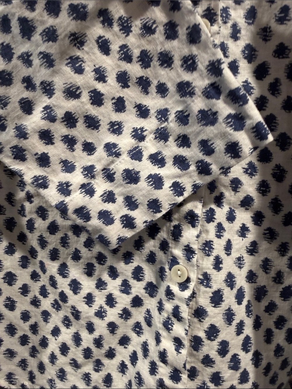 Linen Blend White Button-Down Shirt with Navy Pattern - Picture 6 of 8